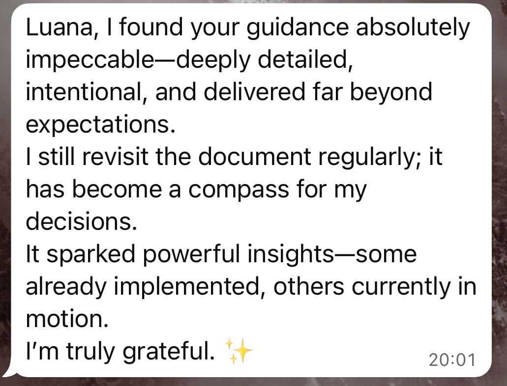 Client testimonial about impeccable guidance and powerful insights